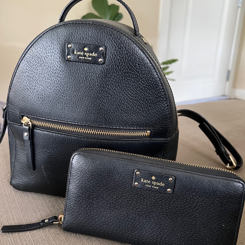 Kate Spade Black Leather Backpack with Gold Accents